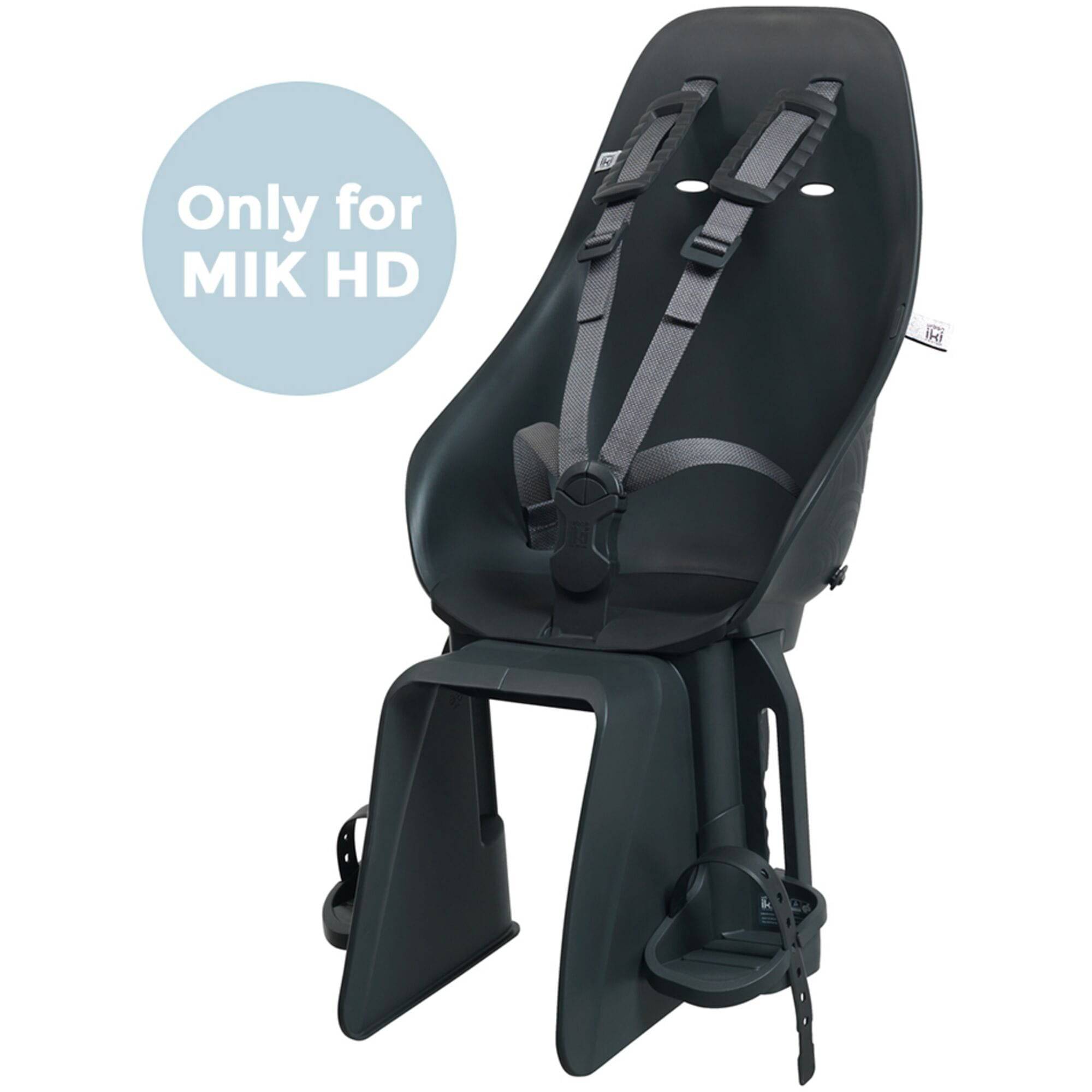 Urban Iki TA-KE MIK HD rear child bike seat with MIK HD system and Click & Go, shown from the side with mounted seat and safety features.