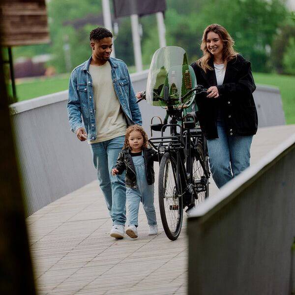 Urban Iki front seat windscreen with Suiboku grey tinted shield offers wind and glare protection for bicycle accessories.