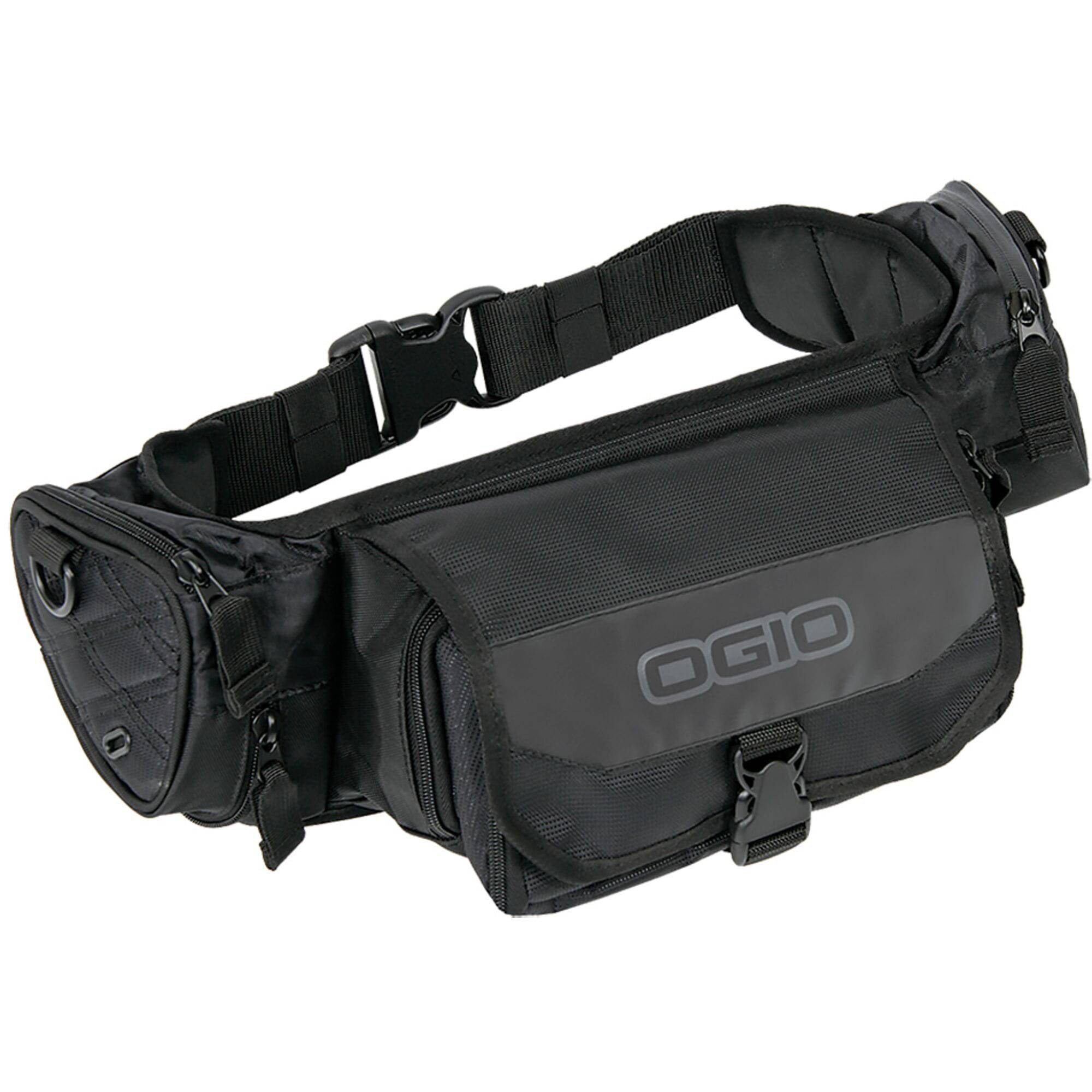 OGIO MX450 Stealth backpack with organizer pouches, padded waist belt, and durable accessories for outdoor or travel use.