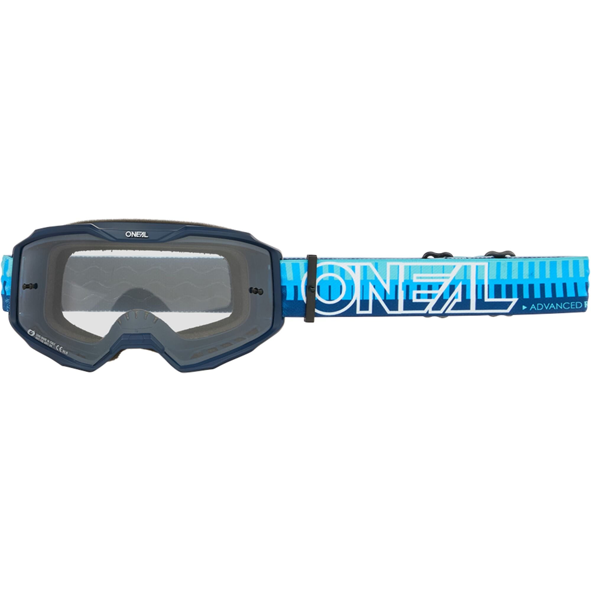 Oneal B-10 striped MX MTB goggles with anti-fog lens, UV protection, and adjustable strap for cycling and motocross riding.