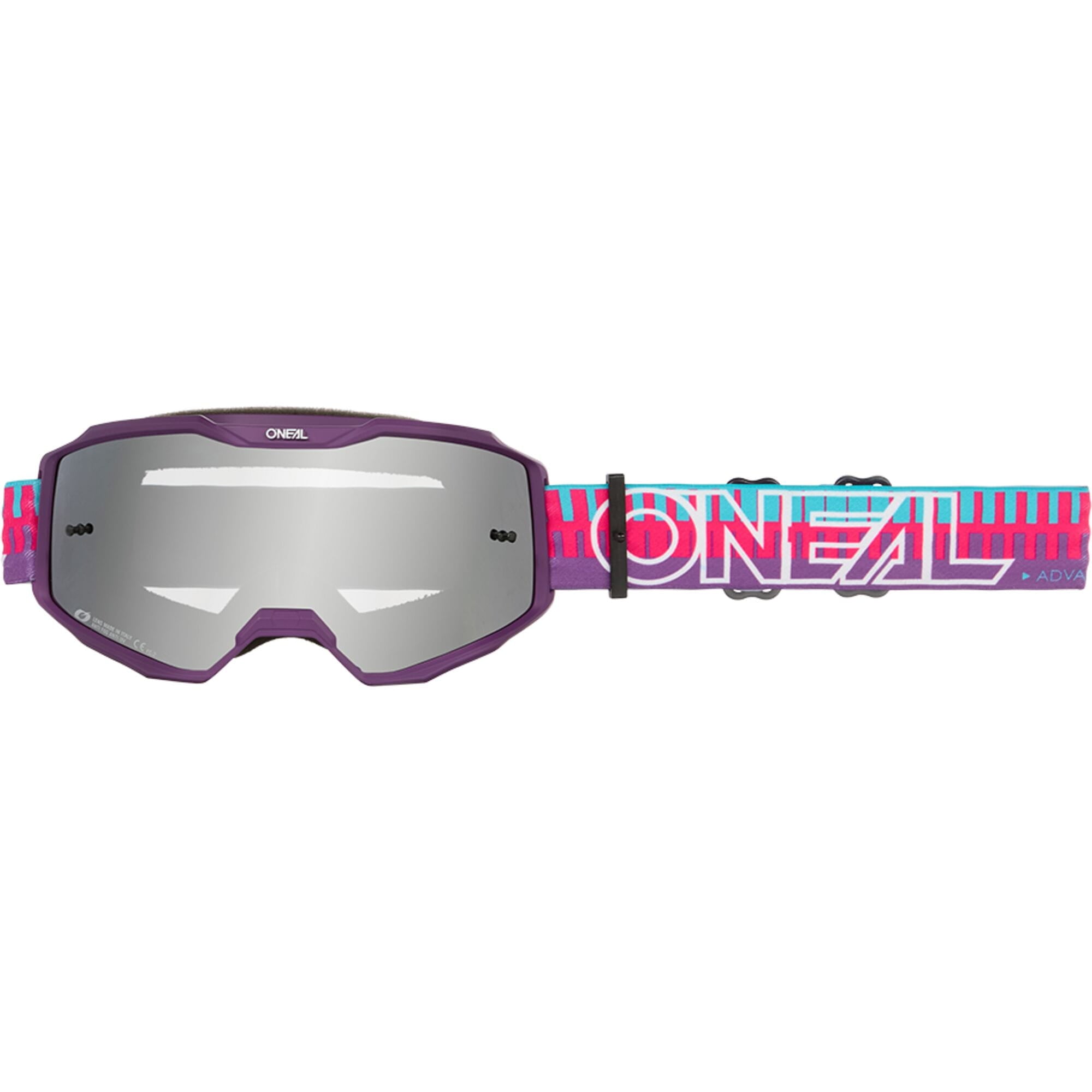 Oneal B-10 striped MX MTB goggles with anti-fog lenses, UV protection, and adjustable strap for outdoor riding.