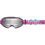 Oneal B-10 striped MX MTB goggles with anti-fog lenses, UV protection, and adjustable strap for outdoor riding.