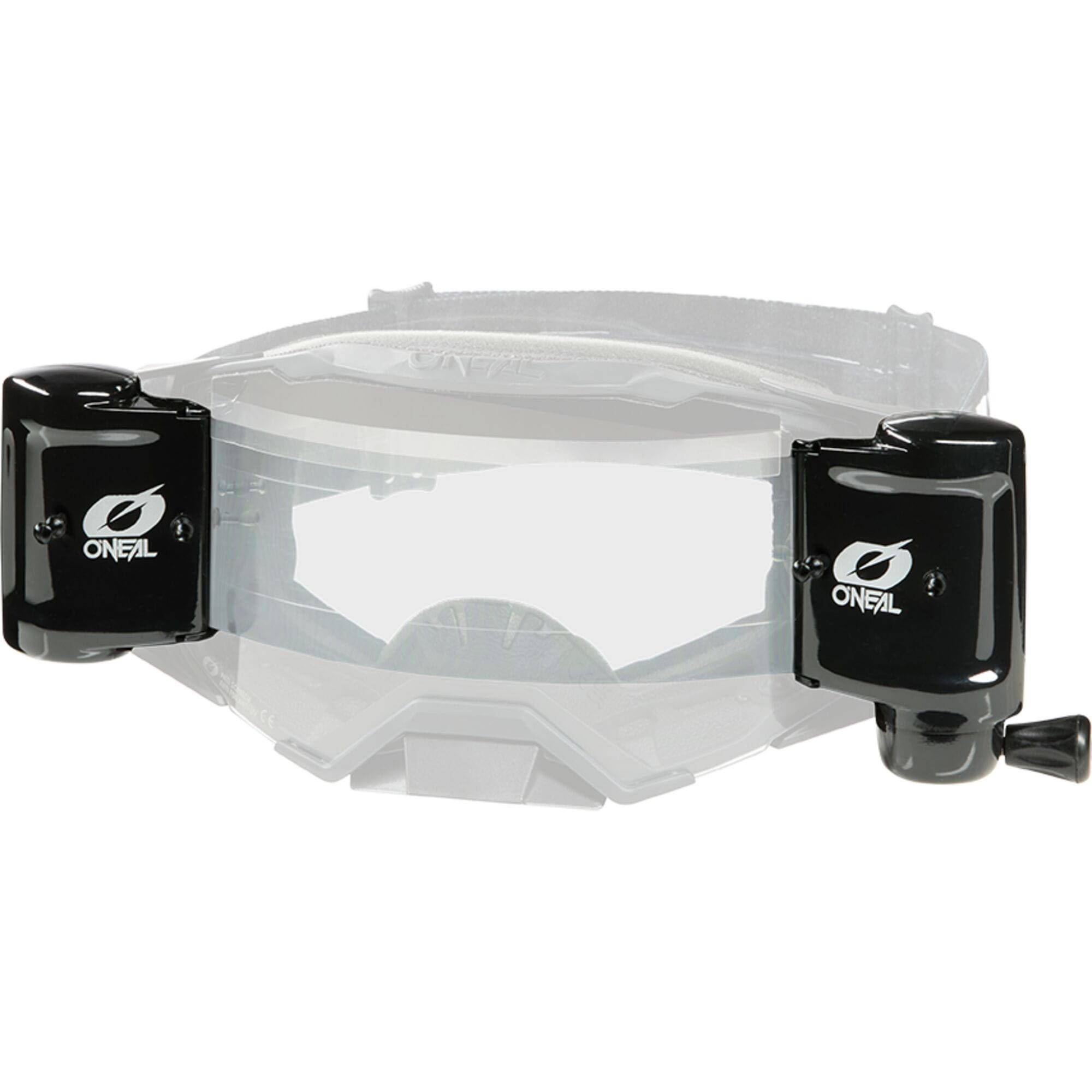 Oneal B-33 Roll Off Goggle Canister set with pull cord for easy lens changes, shown with goggles and canister components.
