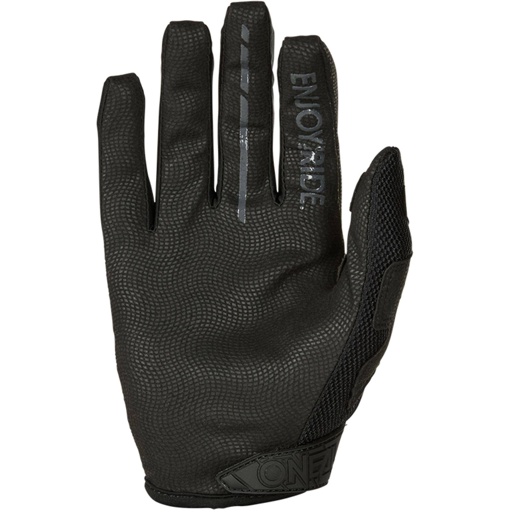 Oneal MAYHEM men's motocross gloves, breathable and flexible, showing close-up of black gloves with textured palms and adjustable wrist straps.