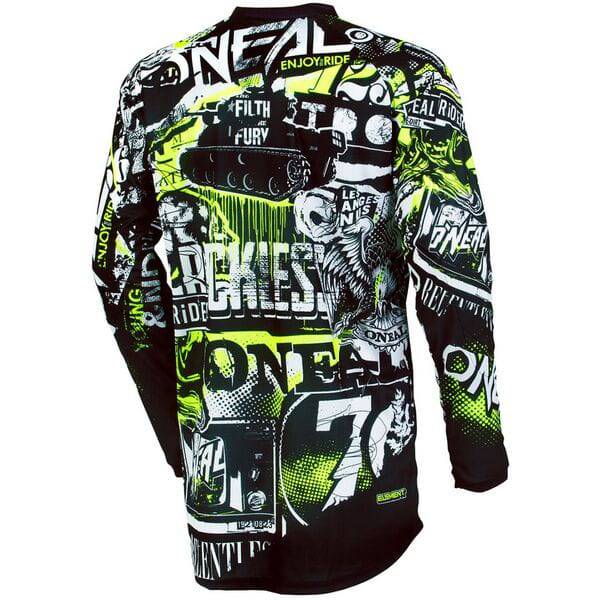 Youth MTB jersey by Oneal with breathable fabric, elbow protection, and vibrant design for mountain biking enthusiasts.