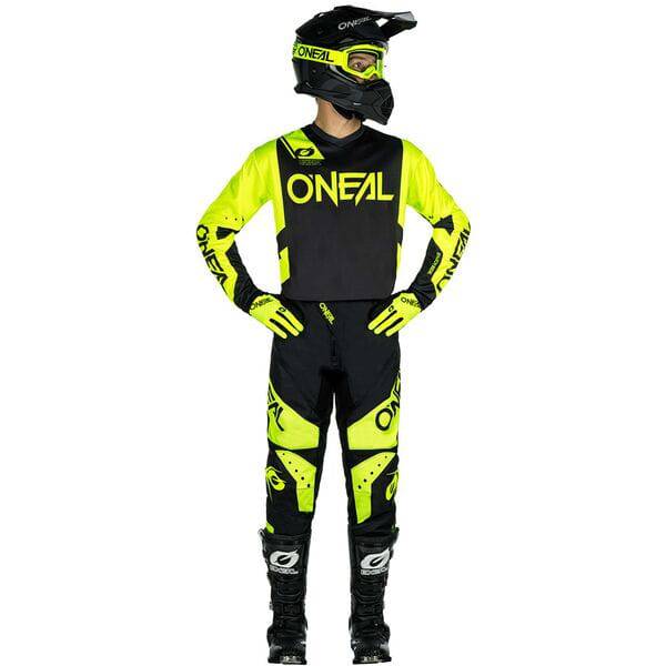 Oneal ELEMENT Racewear V24 pants for motorsports and mountain biking, showing durable protective gear in black with reinforced panels.