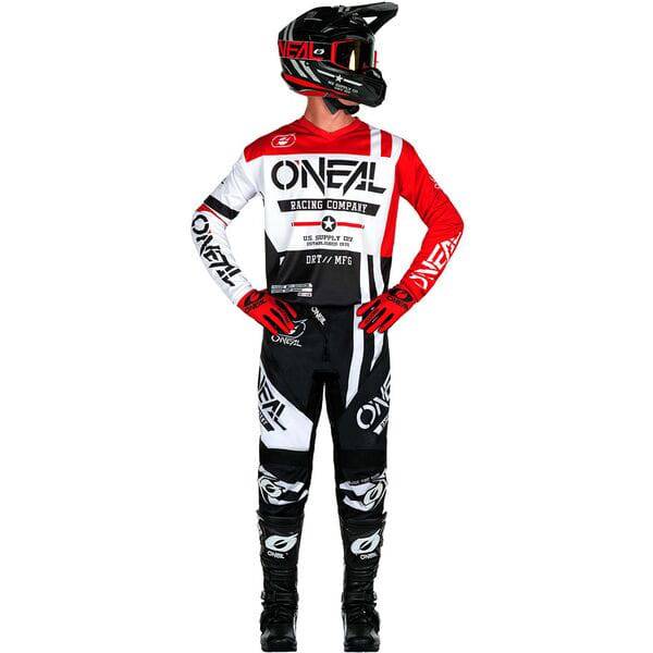 Oneal ELEMENT Warhawk V24 motorsports pants with adjustable waistband and durable protective padding, designed for riding comfort.