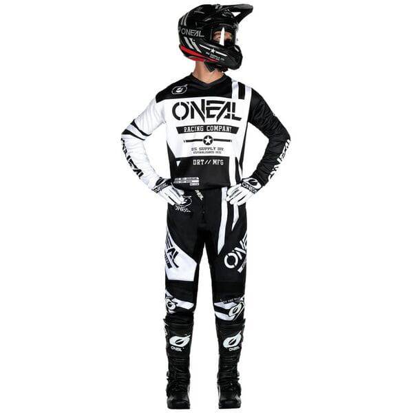 Oneal ELEMENT Warhawk V24 motorsports pants with adjustable waistband and durable protective padding, designed for riding comfort.
