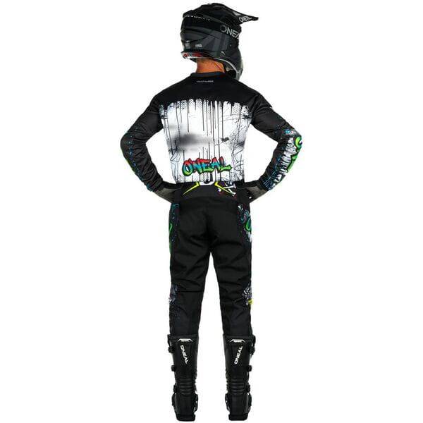Youth motocross pants by Oneal, model ELEMENT RANCID V24 with adjustable waistband, featuring durable fabric and motocross-style design.