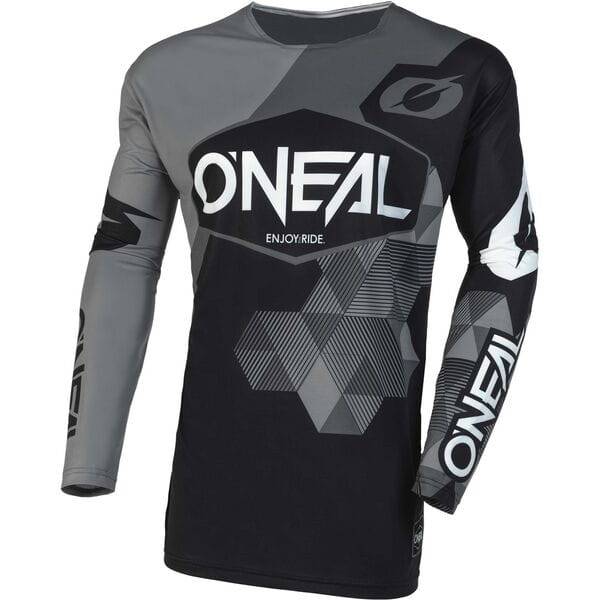 Oneal Mayhem Covert V.23 MTB jersey with slim fit, sublimated graphics, and silicone grip for mountain biking comfort.