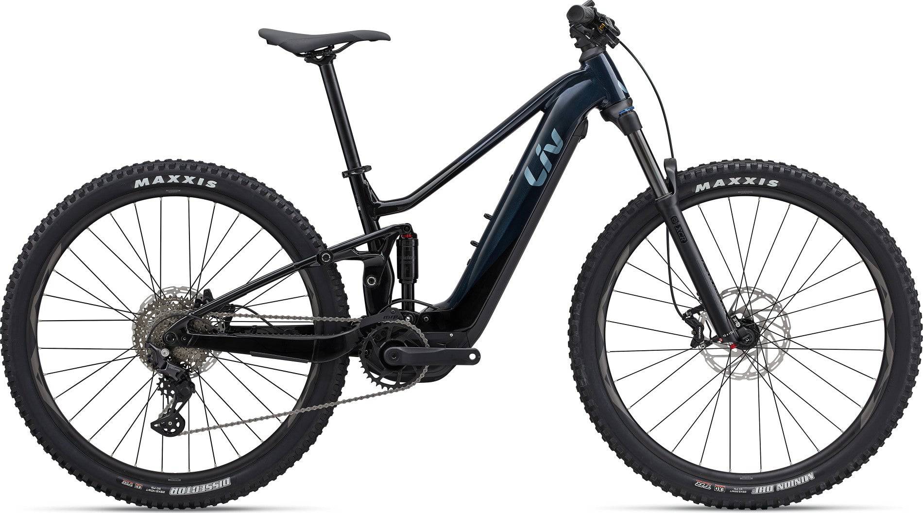 Liv Embolden E+ 2 625 women’s electric mountain bike with suspension, 25 km/h speed, and 180 km range, shown from side view.