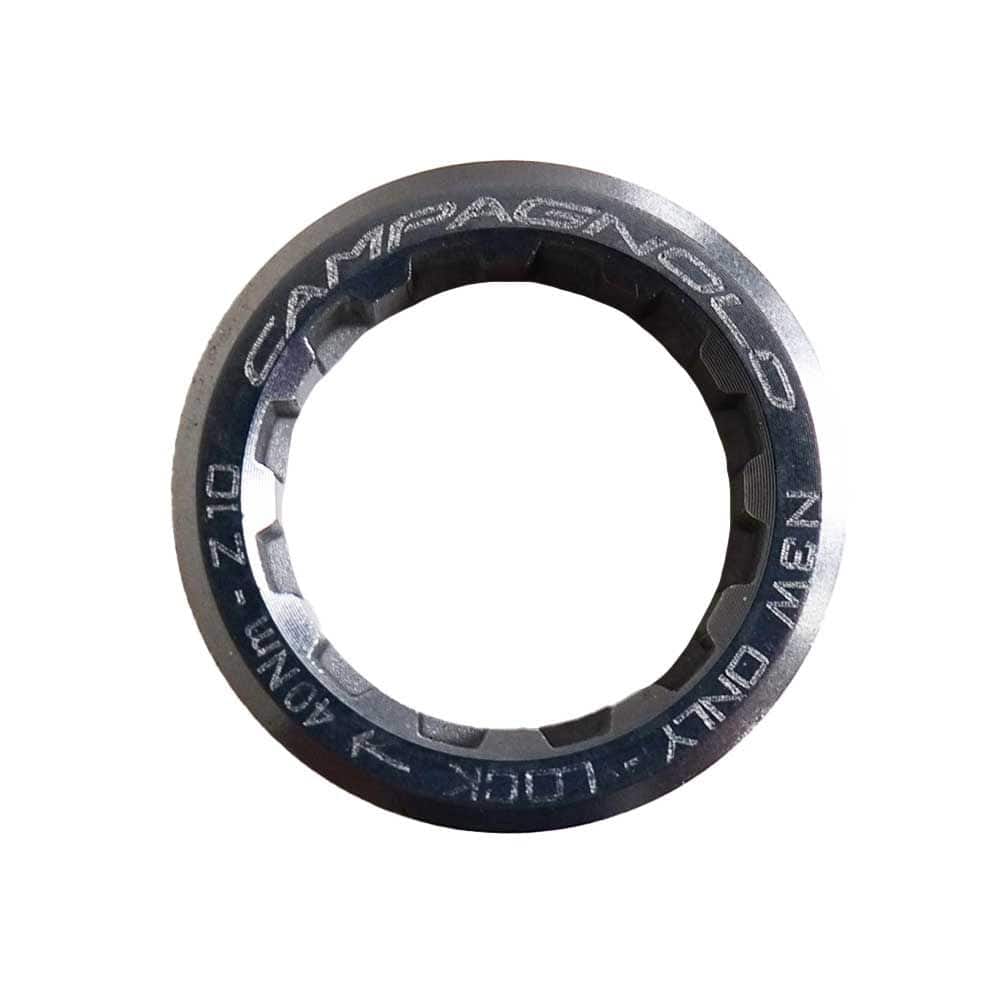 Campagnolo cassette lockring for 9-13 speed bike cassettes, genuine component spare part for bicycle drivetrain maintenance.