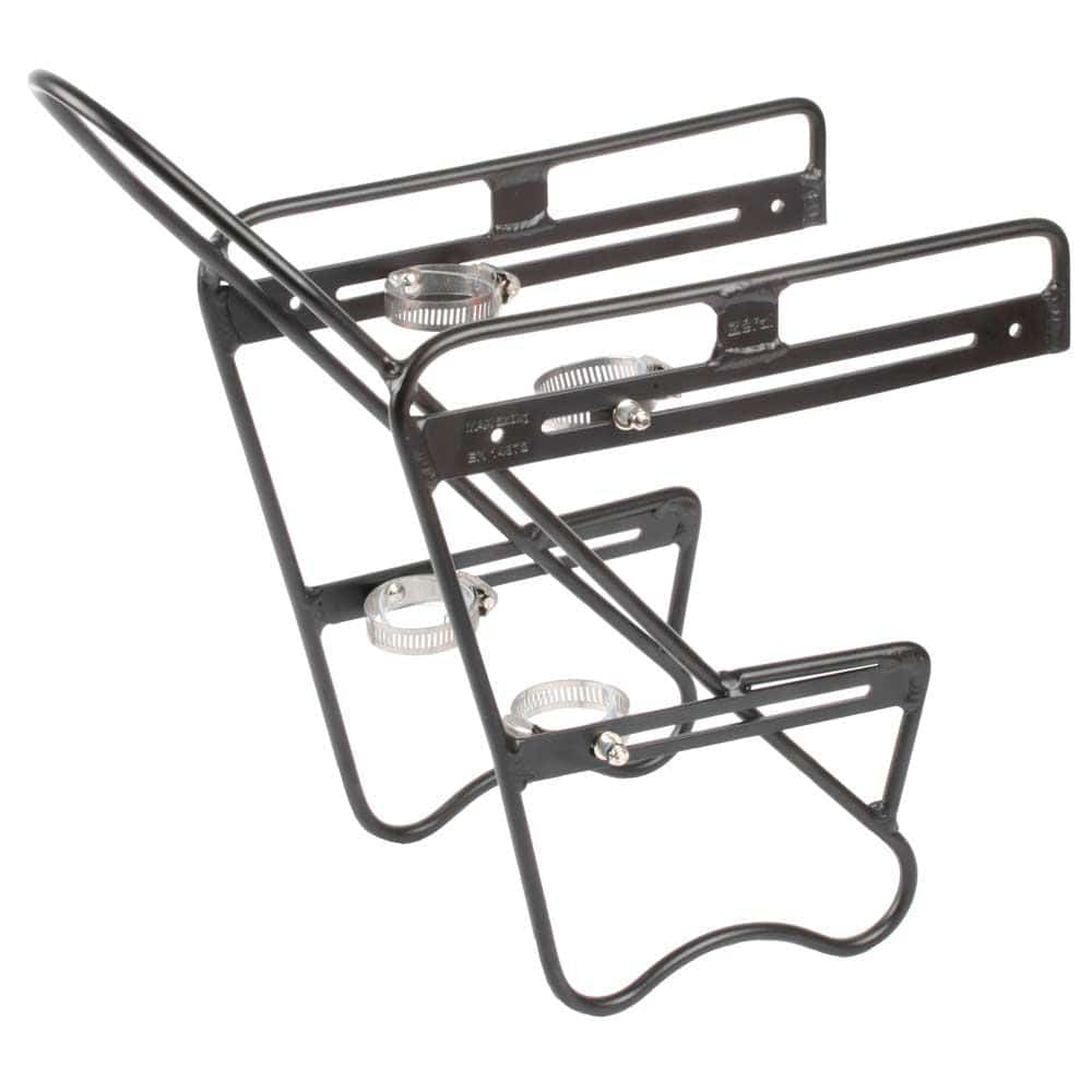 Zefal Raider front bike rack, adjustable aluminium luggage carrier mounted on a bicycle front fork for carrying gear.