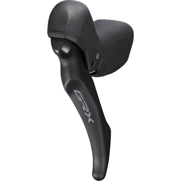 Shimano GRX BL-RX600 left hydraulic drop bar brake lever for gravel bike components, mounted on drop handlebars.