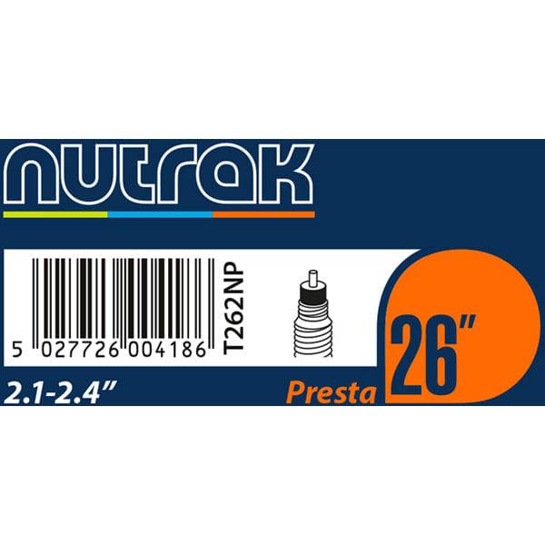 Nutrak 26-inch Presta valve inner tube for bicycle tires, designed for 2.1-2.4 inch tires, with visible valve and packaging.