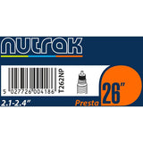Nutrak 26-inch Presta valve inner tube for bicycle tires, designed for 2.1-2.4 inch tires, with visible valve and packaging.