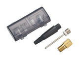 BBB BFP-90 Valve Kit Adapter for sports balls, inflatable boats, and pools, shown with various valve attachments and accessories.