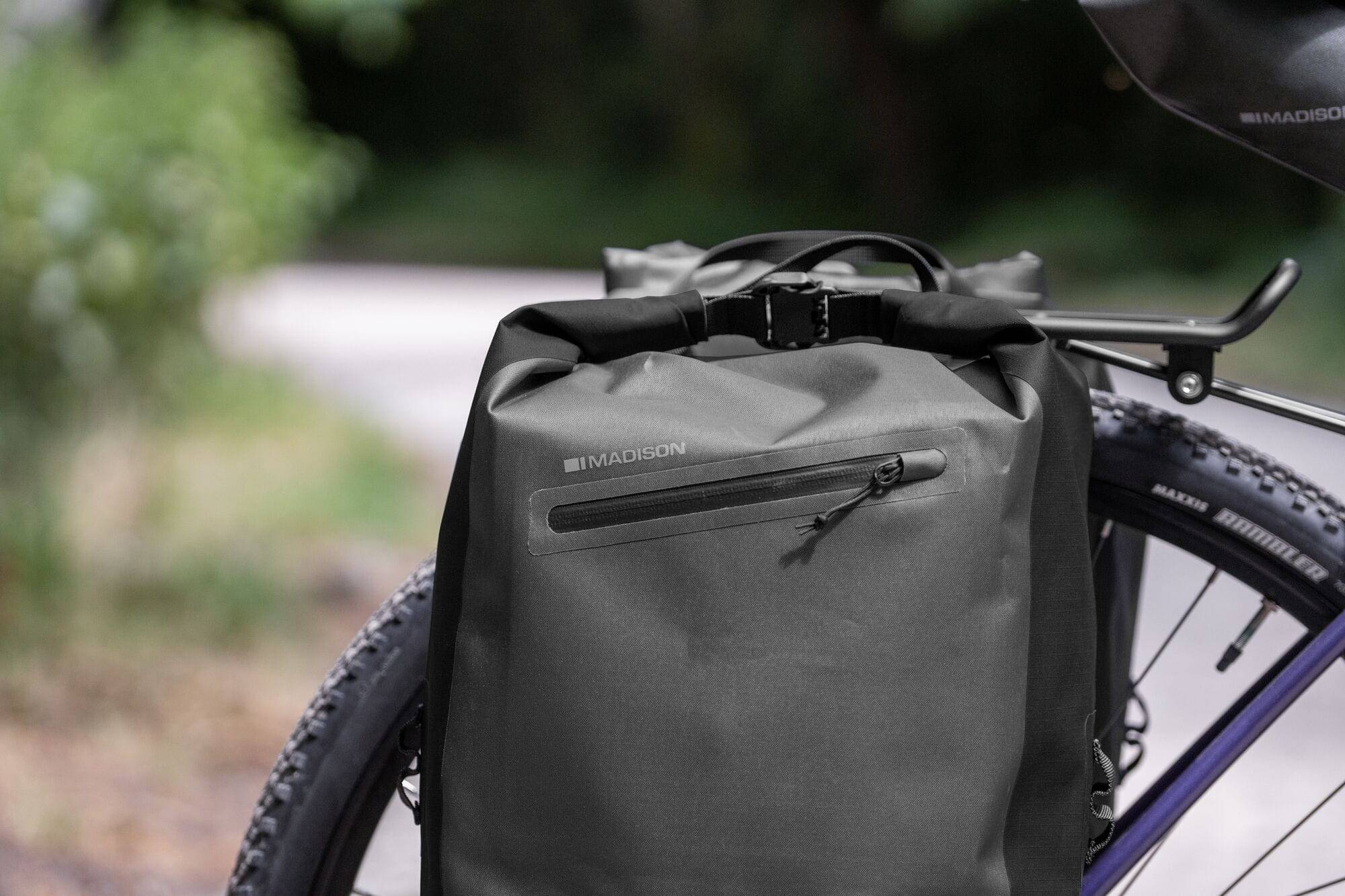 Madison Bags Roam 30L waterproof pannier bag with quick-release mounting system, designed for cycling accessories.