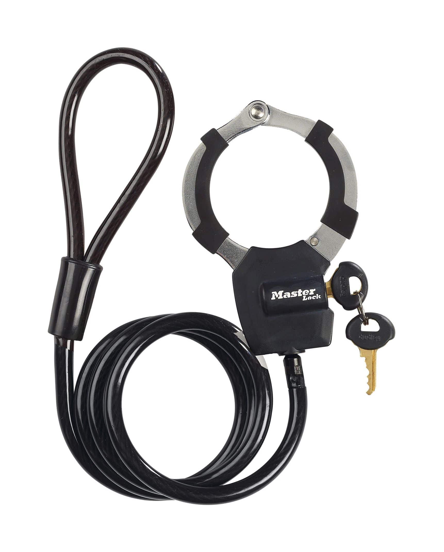 Black Master Lock street cuff and cable lock with 8mm diameter, 1m length, keyed security lock for accessories and security.