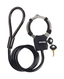 Black Master Lock street cuff and cable lock with 8mm diameter, 1m length, keyed security lock for accessories and security.