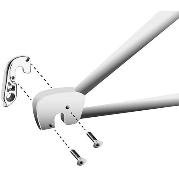 M Part gear hanger for Specialized bikes, durable replacement component, shown mounted on bike frame with gear mechanism visible.