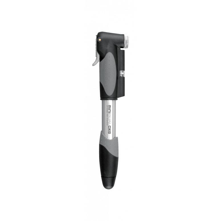 Topeak Mini Dual DX bike pump with gauge in black and silver, featuring Presta and Schrader valve compatibility.