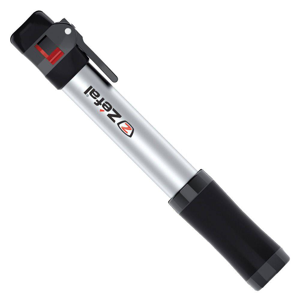 Zefal Switch Mini Silver bike hand pump with Presta, Schrader, and Dunlop valves for portable bicycle tire inflation.