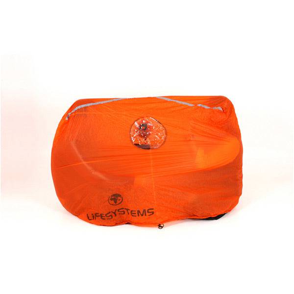 Lifesystems 2-3 person survival shelter with waterproof material and reflective strips, designed for emergency outdoor use.