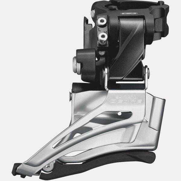 Shimano Deore M6025-H double front derailleur for MTB with high clamp and dual pull down swing, mounted on bike frame.