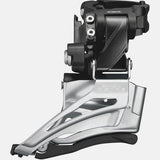 Shimano Deore M6025-H double front derailleur for MTB with high clamp and dual pull down swing, mounted on bike frame.