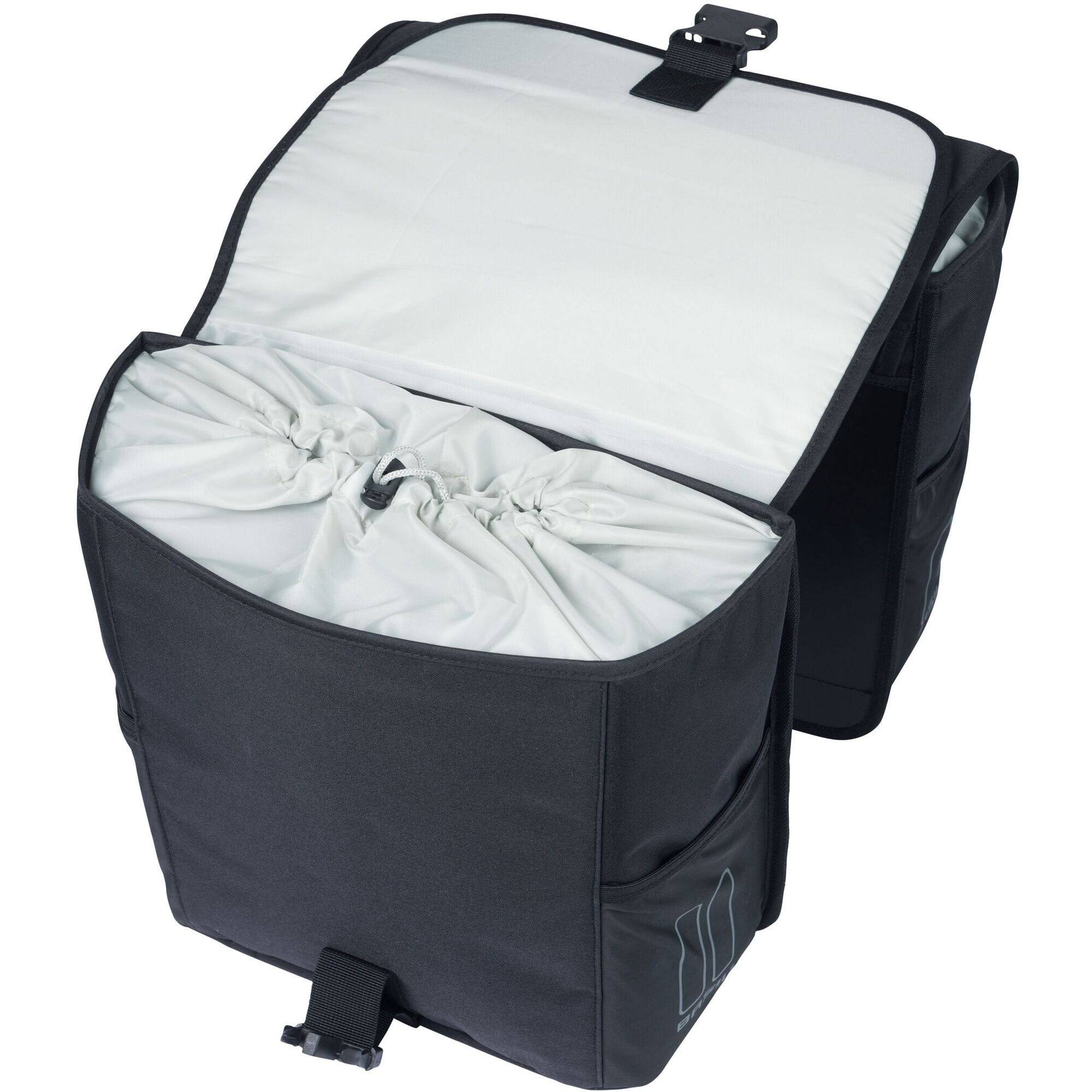 Basil GO Double Bag 32L solid black bike pannier with reflective details, designed for cycling accessories and storage.