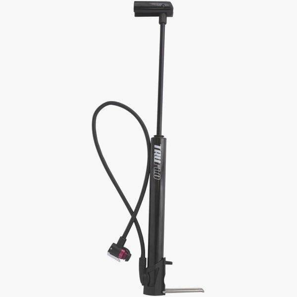 Truflo Air Flow MiniTrax CNC mini floor pump with long hose and frame mount for bicycle tires and accessories