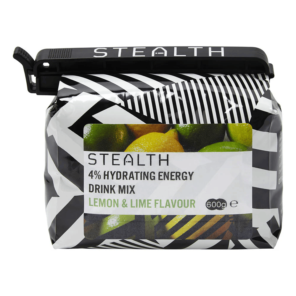 Stealth Hydrating Energy Drink Powder Lemon Lime flavor in a container, electrolyte formula for active hydration.