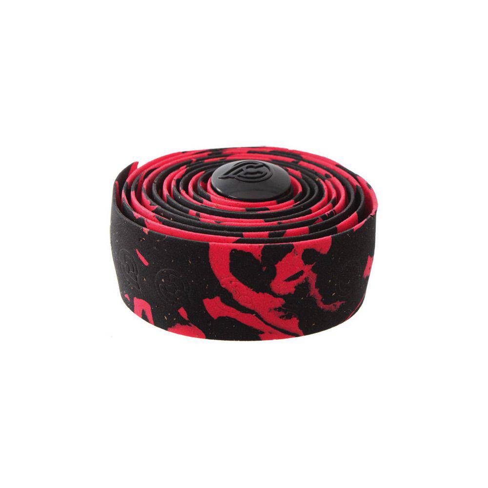 Cinelli Macro Splash cork bar tape with chrome end plugs for road bike handlebars, featuring colorful splash design and durable cushioning.