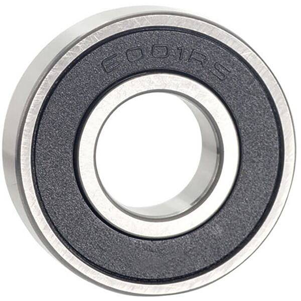 M Part 6001 2RS cartridge bearing for bicycle hubs and wheels, shown in close-up with metal casing and rubber seals.