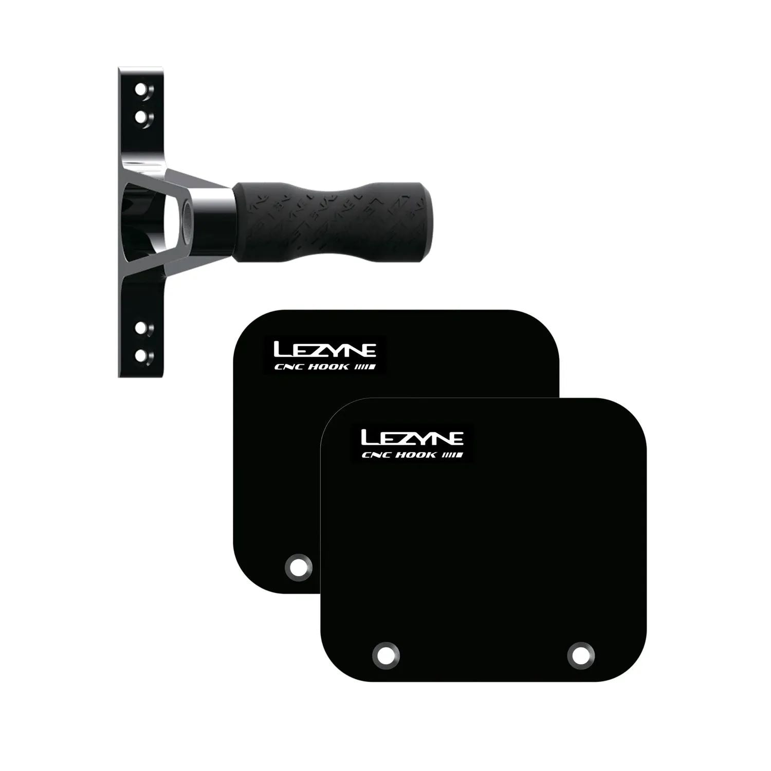 Lezyne CNC Alloy Wheel Hook in black, a durable bike storage accessory with anti-slip protection for secure hanging.