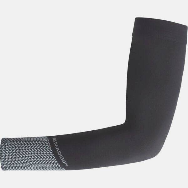 Madison DTE Stellar Tech Isoler thermal arm warmers with DWR coating, designed for cycling, shown on a model.