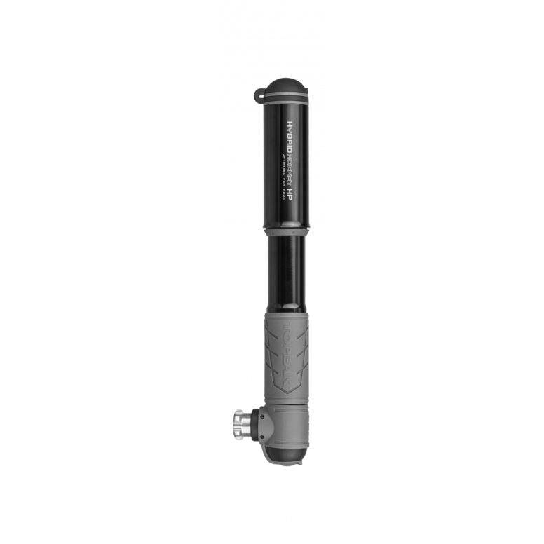 Topeak Hybrid Rocket HP hand pump with CO2 cartridge for road bikes, showcasing the compact pump and cartridge attachment.