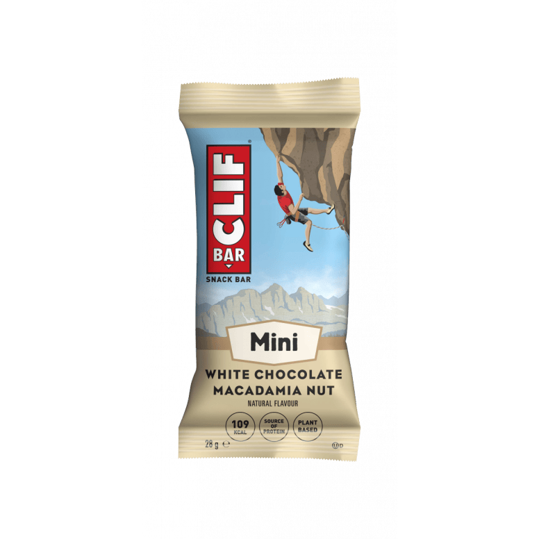 Box of 10 Clif Nutrition Mini Bars, plant-based protein snack bars, with colorful packaging and individual bars visible.