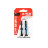 Pair of Stan's No Tubes Presta valve stems made of aluminum, compatible with tubeless bicycle wheels, shown in the image.