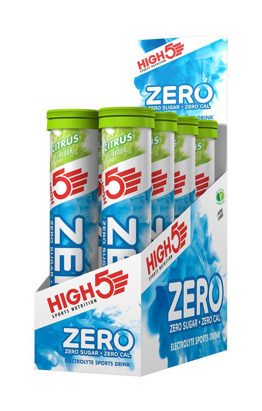 High5 ZERO Hydration electrolyte tablets in an 8-tube pack, sugar-free with vitamin C, designed for hydration and replenishment