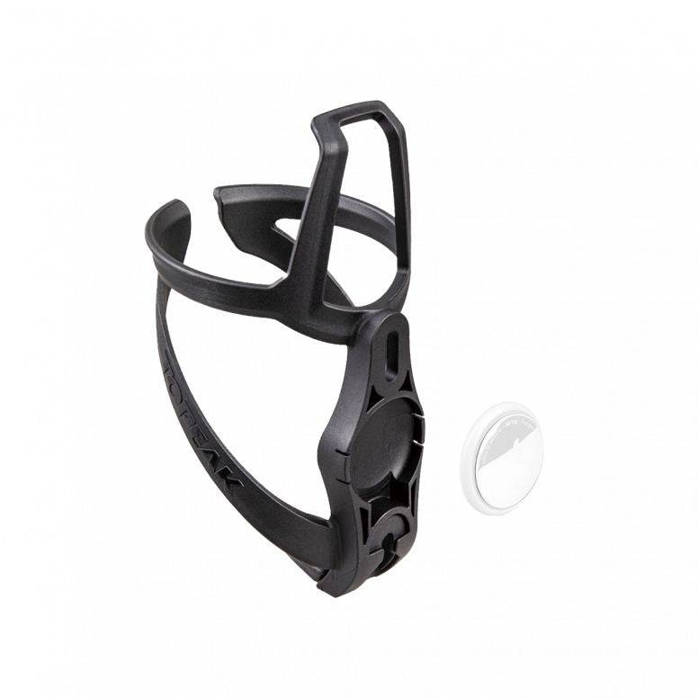 Black Topeak Ninja+ Cage Z water bottle cage with Apple AirTag mount, designed for bike accessories and secure bottle holding.