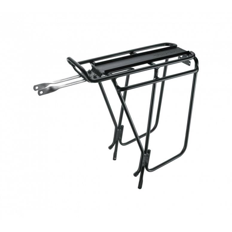 Topeak Super Tourist DX black rear bike rack mounted on touring bike with panniers, suitable for 26-inch and 700C wheels