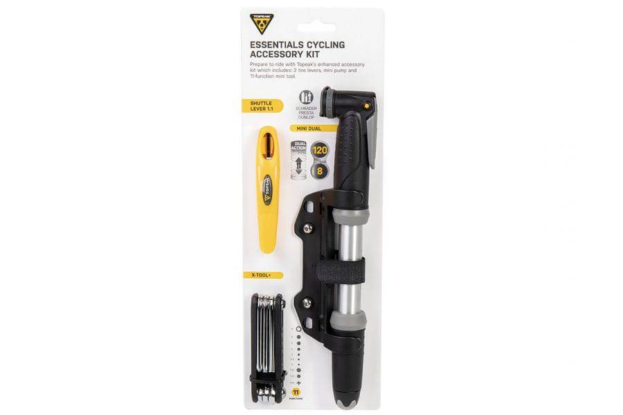Topeak Essentials cycling workshop kit with mini pump, multi-tool, and tire levers in black, perfect for bike maintenance.