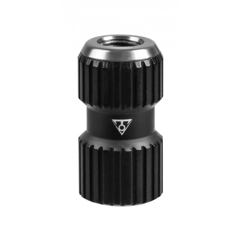 Topeak AirBooster Nano bike tire inflator with 16g CO2 cartridge in black, compact and portable cycling accessory.