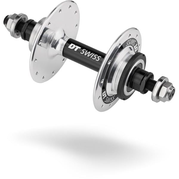Silver DT Swiss track rear hub with 120mm bolt-on design, 24-hole fixed gear component, shown with detailed metal finish.