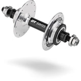 Silver DT Swiss track rear hub with 120mm bolt-on design, 24-hole fixed gear component, shown with detailed metal finish.
