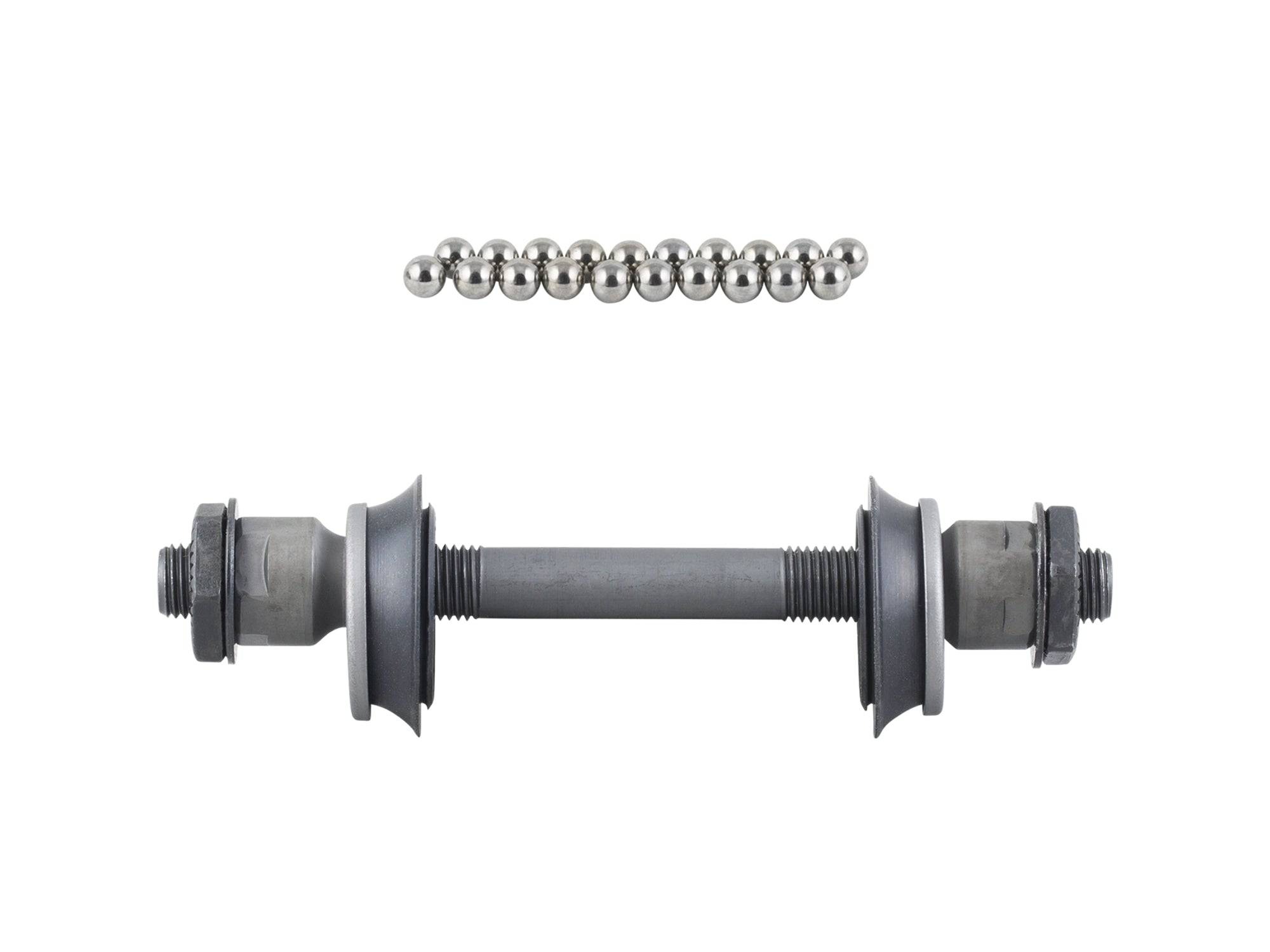 Trek Bontrager front 6-bolt hub axle kit with 100mm old loose ball silver and black components for bike wheels.