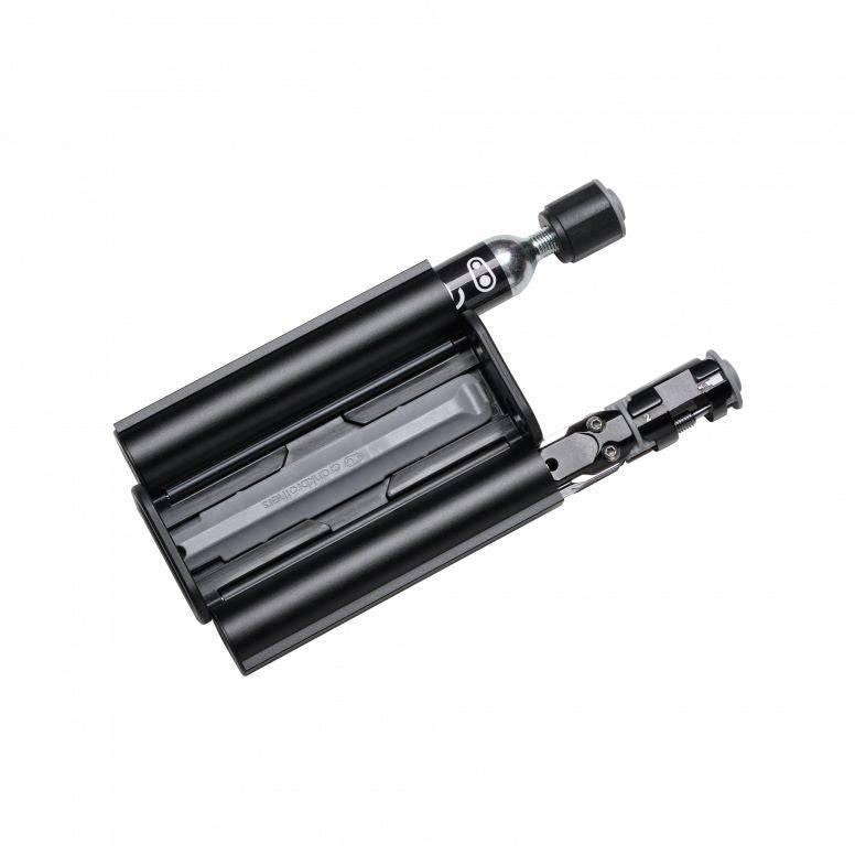 Crankbrothers TT17 SOS twin tube bike tool kit with CO2 storage in black and silver, including various bike repair tools.