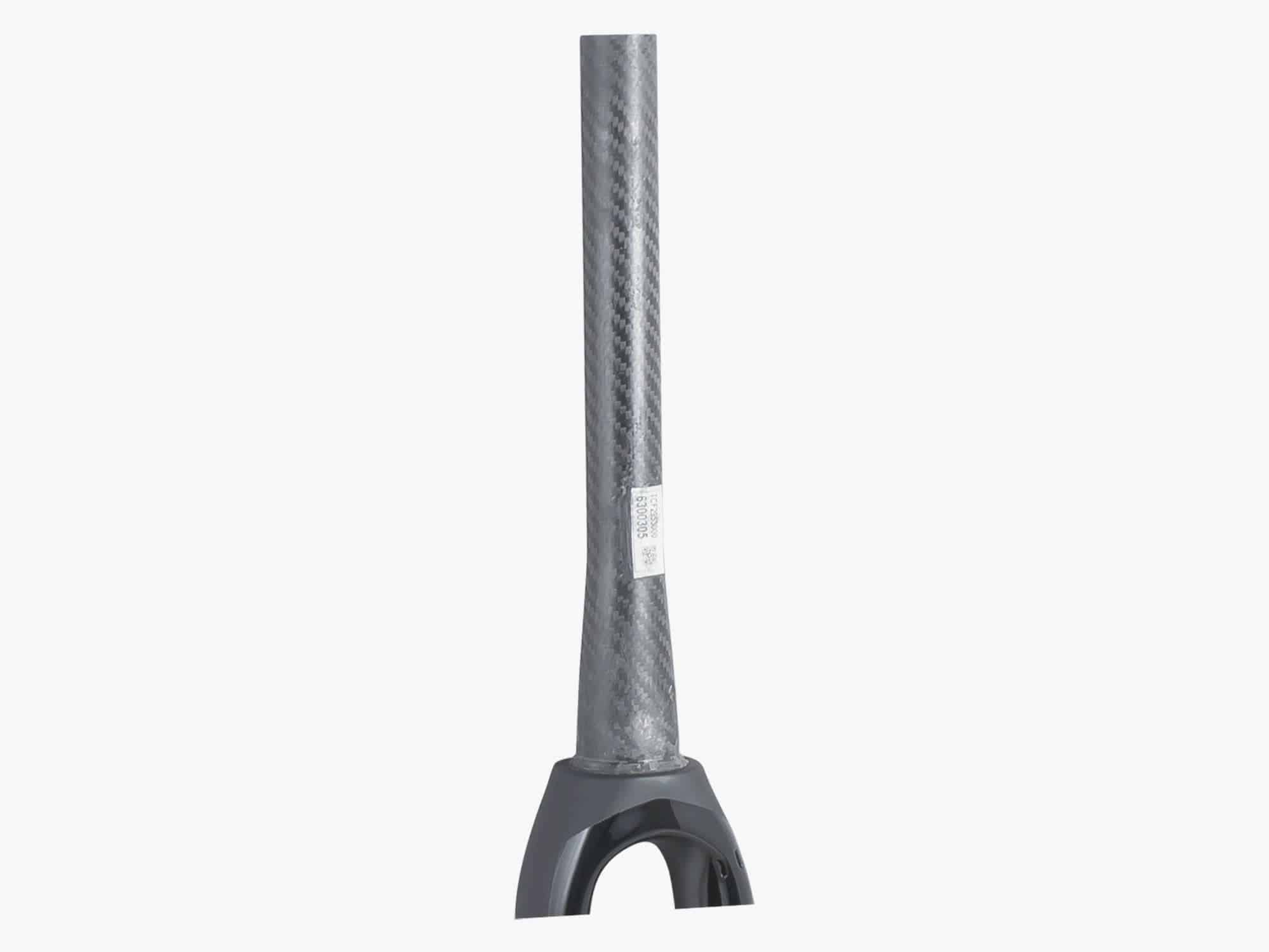 Trek Domane SLR 6 black disc and rim brake fork with 270mm length and 53mm rake, mounted on a bicycle.